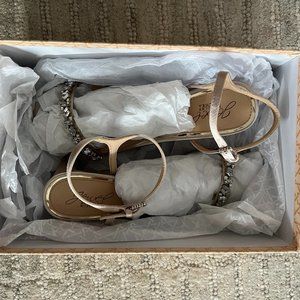 Jewel Badgley Mischka Dagny Strappy Low Block Heel - Champagne Satin - 8.5